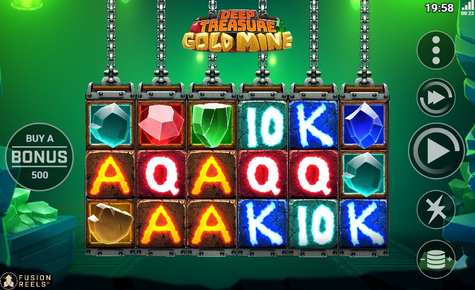The 5x3 game grid of the Deep Treasure Gold Mine slot, featuring a mining theme with gem symbols and a prominent 'Buy a Bonus' feature button on the left side of the screen.