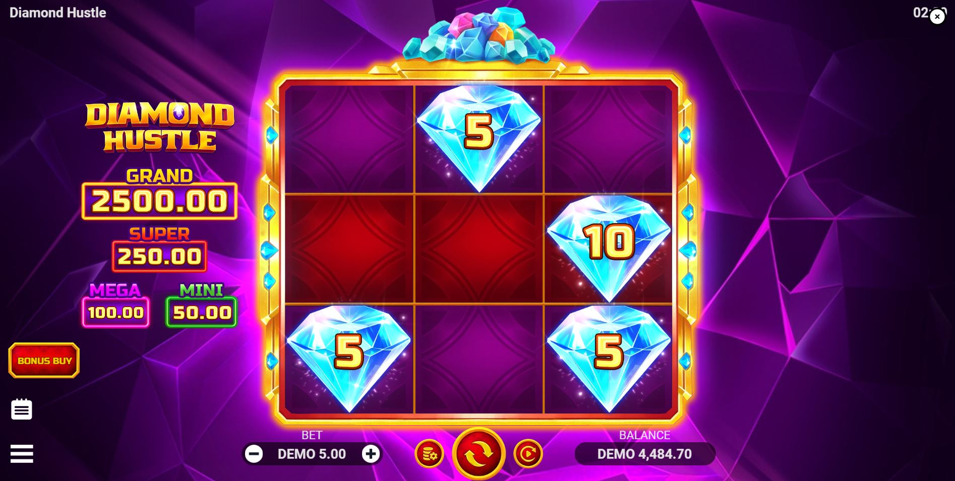 The 3x3 grid of the Diamond Hustle slot during base game play, showing various gem symbols.