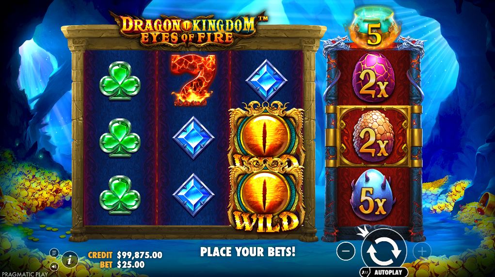 Dragon Kingdom - Eyes of Fire slot base game grid with 3 reels and the inactive multiplier reel.