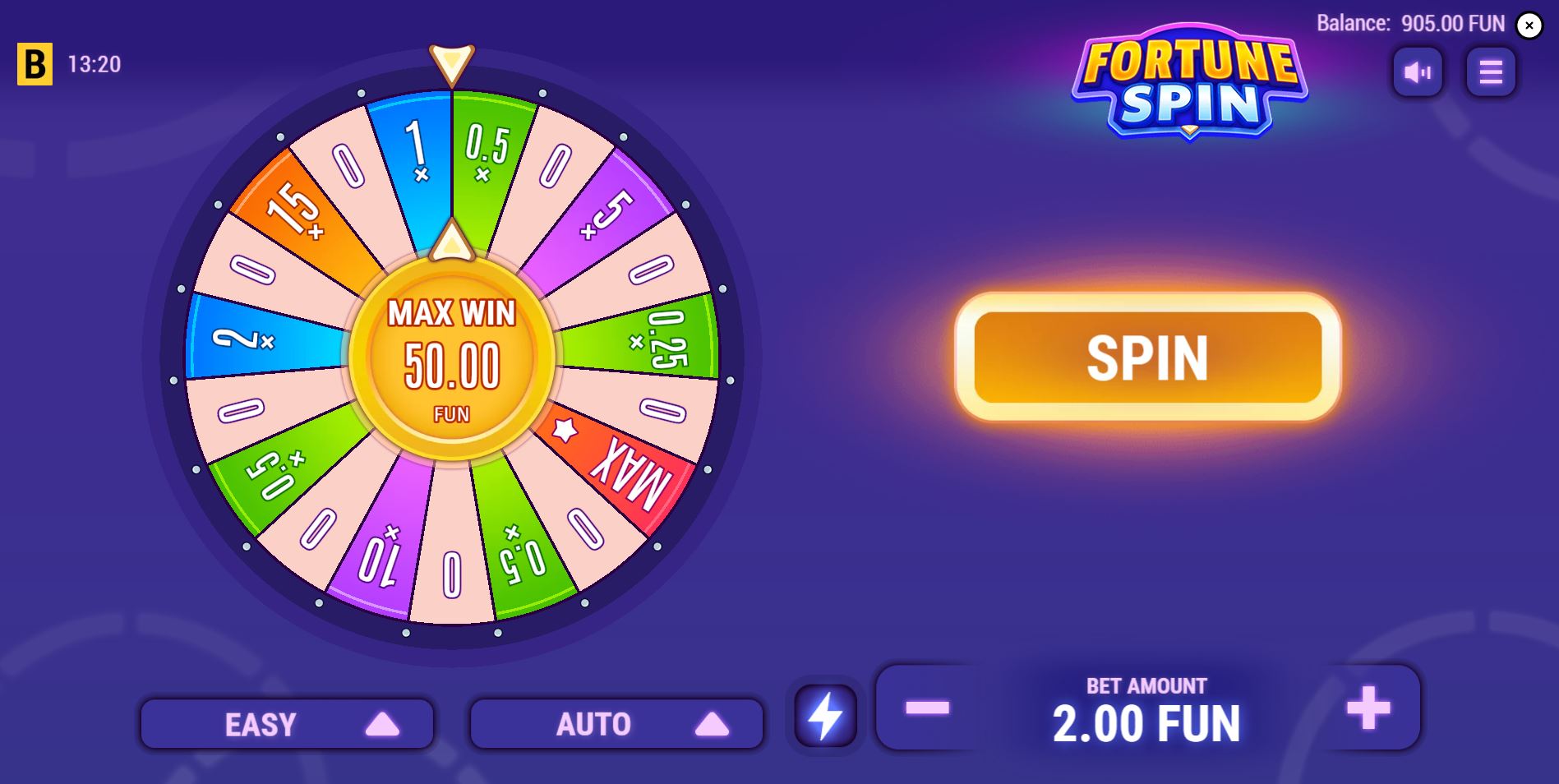The main game screen of Fortune Spin, showing the colorful prize wheel, bet controls, and the Easy volatility setting selected.