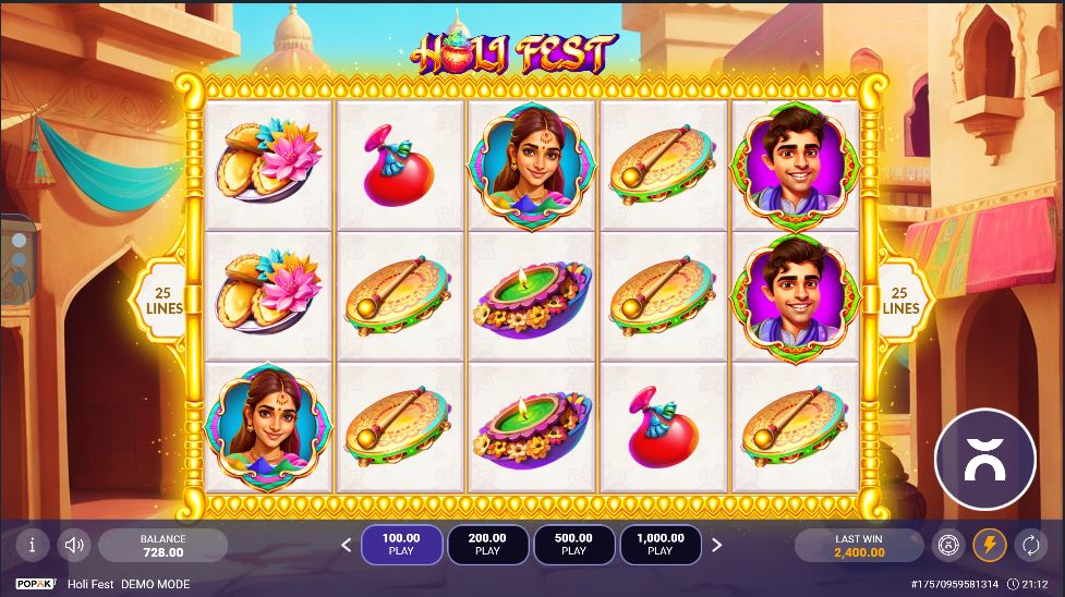 The main game grid of Holi Fest, showcasing the vibrant Indian festival theme.