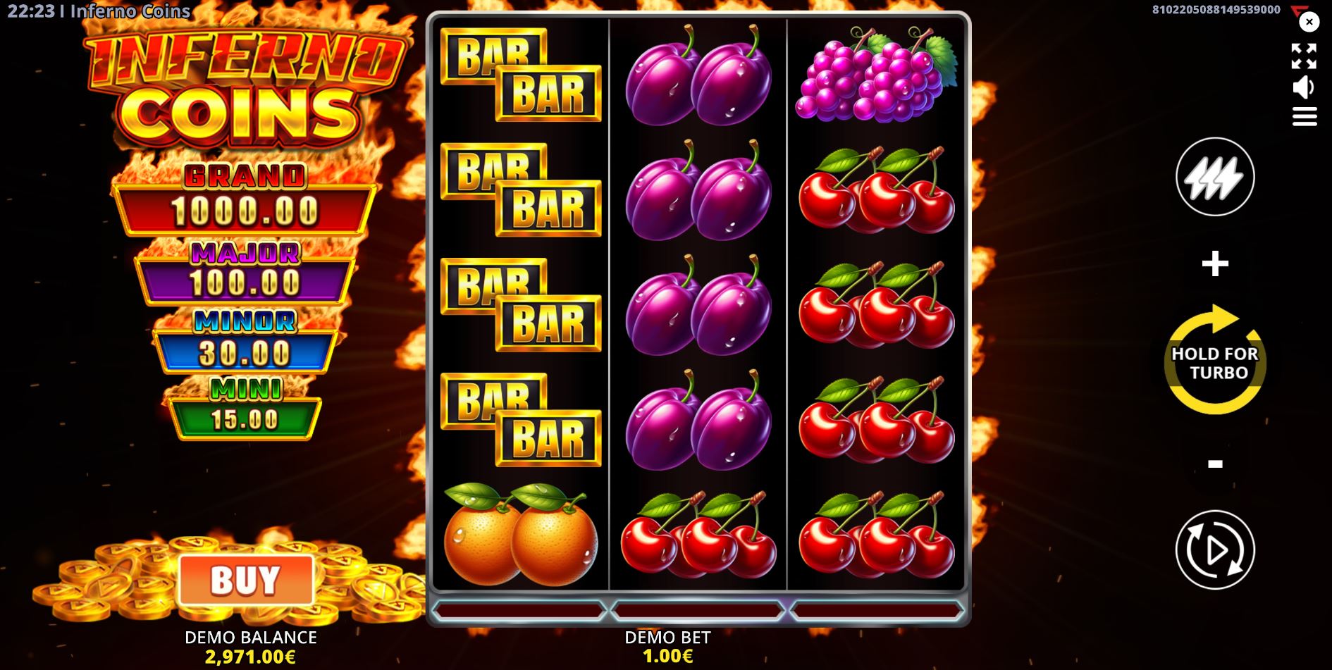 Inferno Coins slot base game view with 5x3 reel layout and jackpot values.
