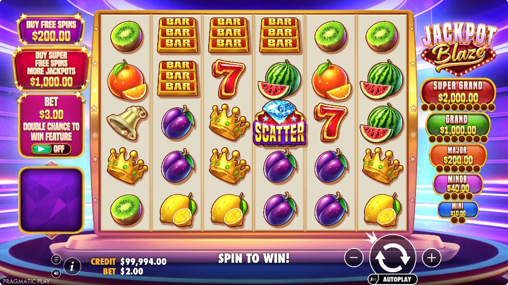 The 6x5 grid of the Jackpot Blaze slot showcasing classic fruit and Vegas symbols.