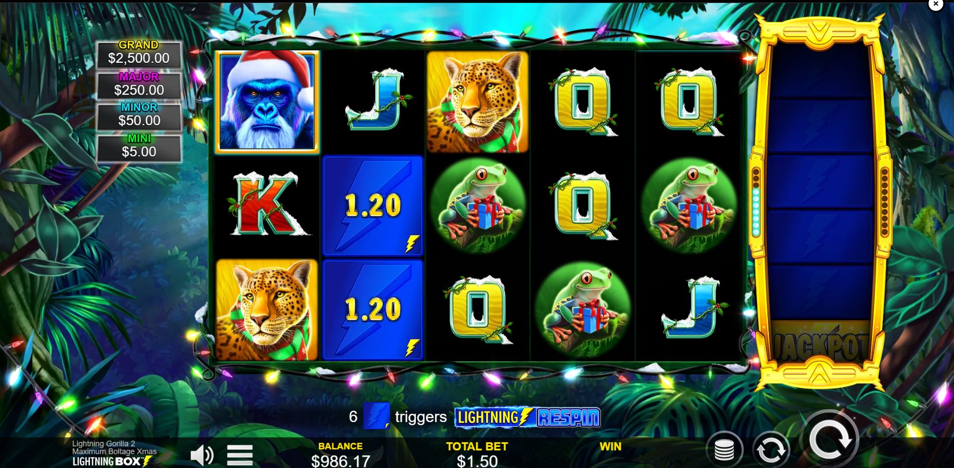 Lightning Gorilla 2 Maximum Boltage base game view with all symbols and interface.