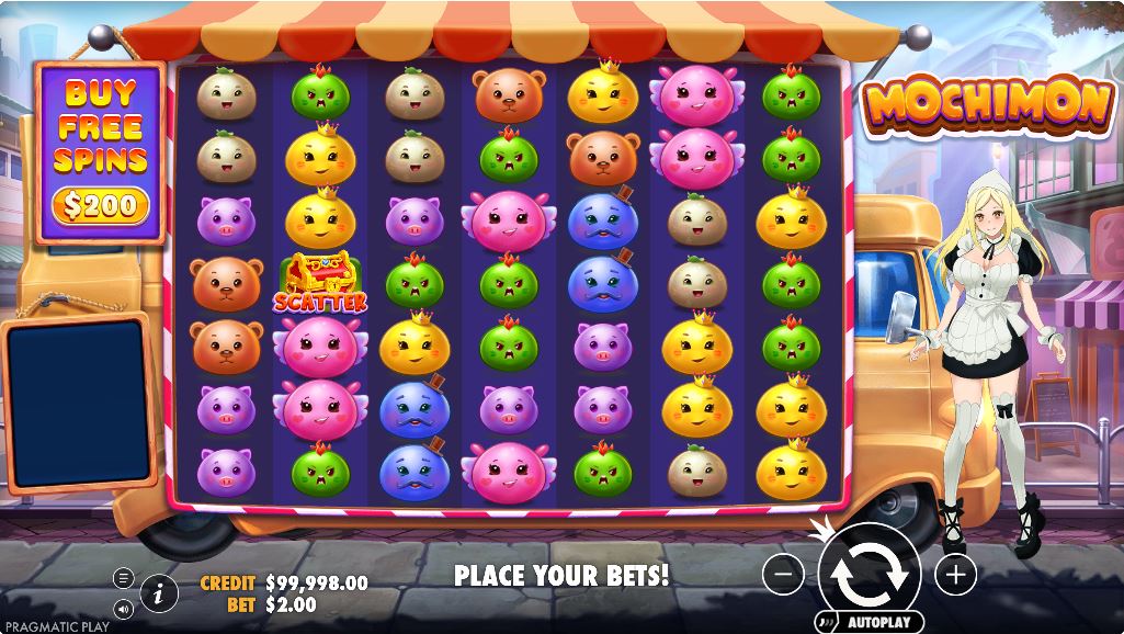 Mochimon slot base game screen with a 7x7 grid and anime character.