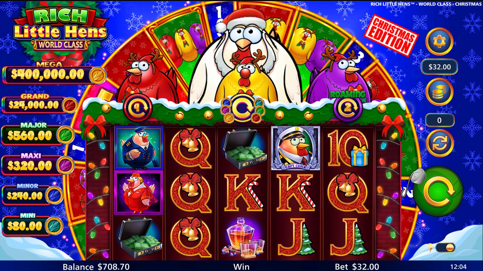 The main game screen of Rich Little Hens World Class Christmas Edition slot, showing the 5x3 reel layout and bonus wheel.