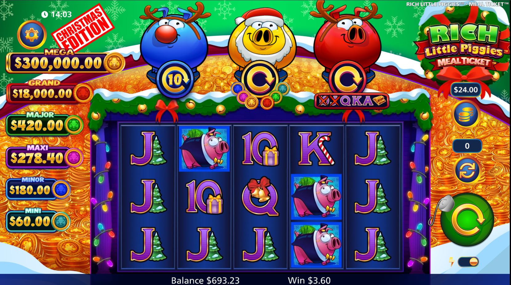 Base game screen of Rich Little Piggies Christmas Edition slot, showing the 5x3 reels and pig meters.