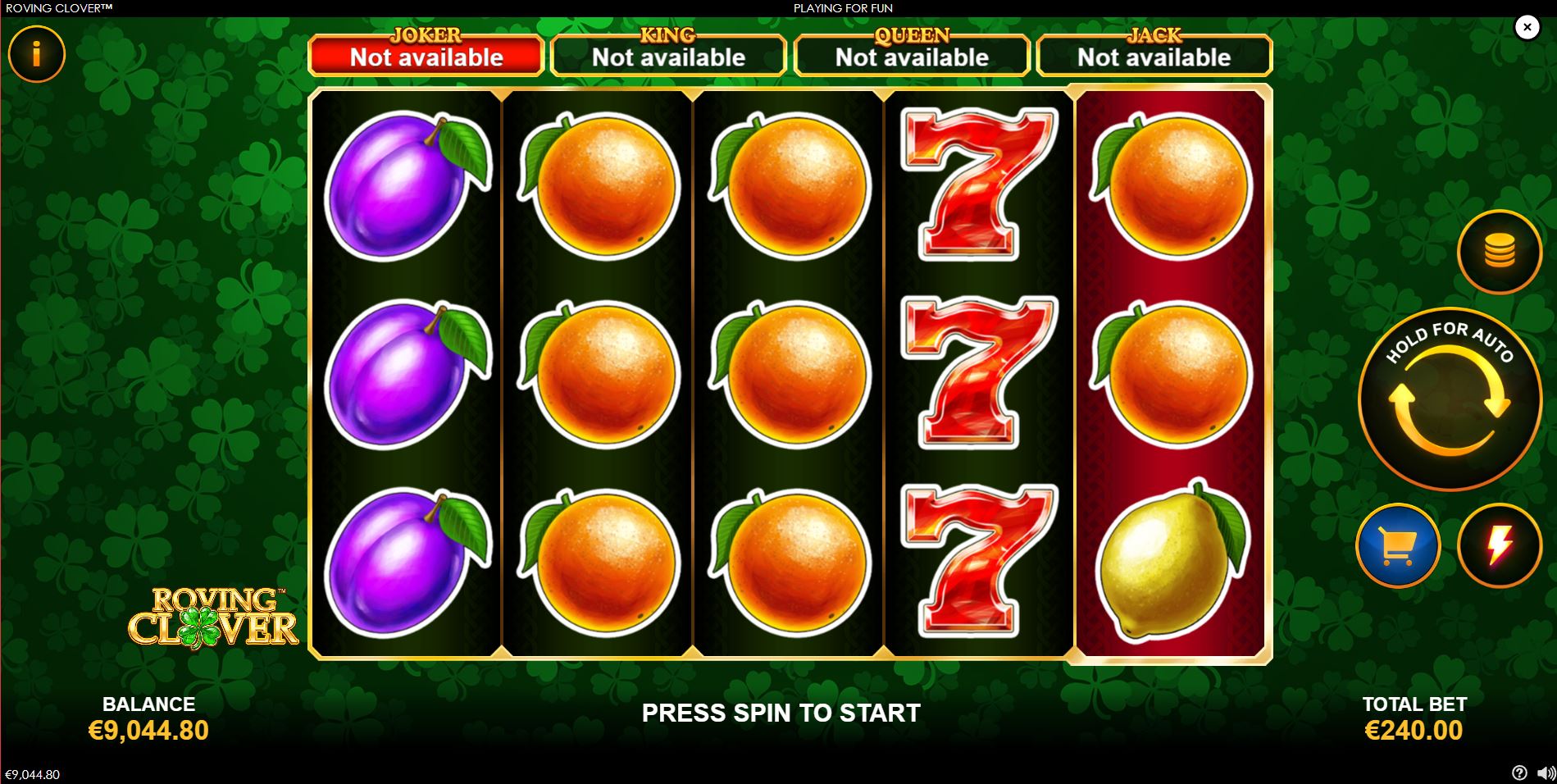 Roving Clover slot base game screen with classic fruit symbols and a 5x3 reel layout.