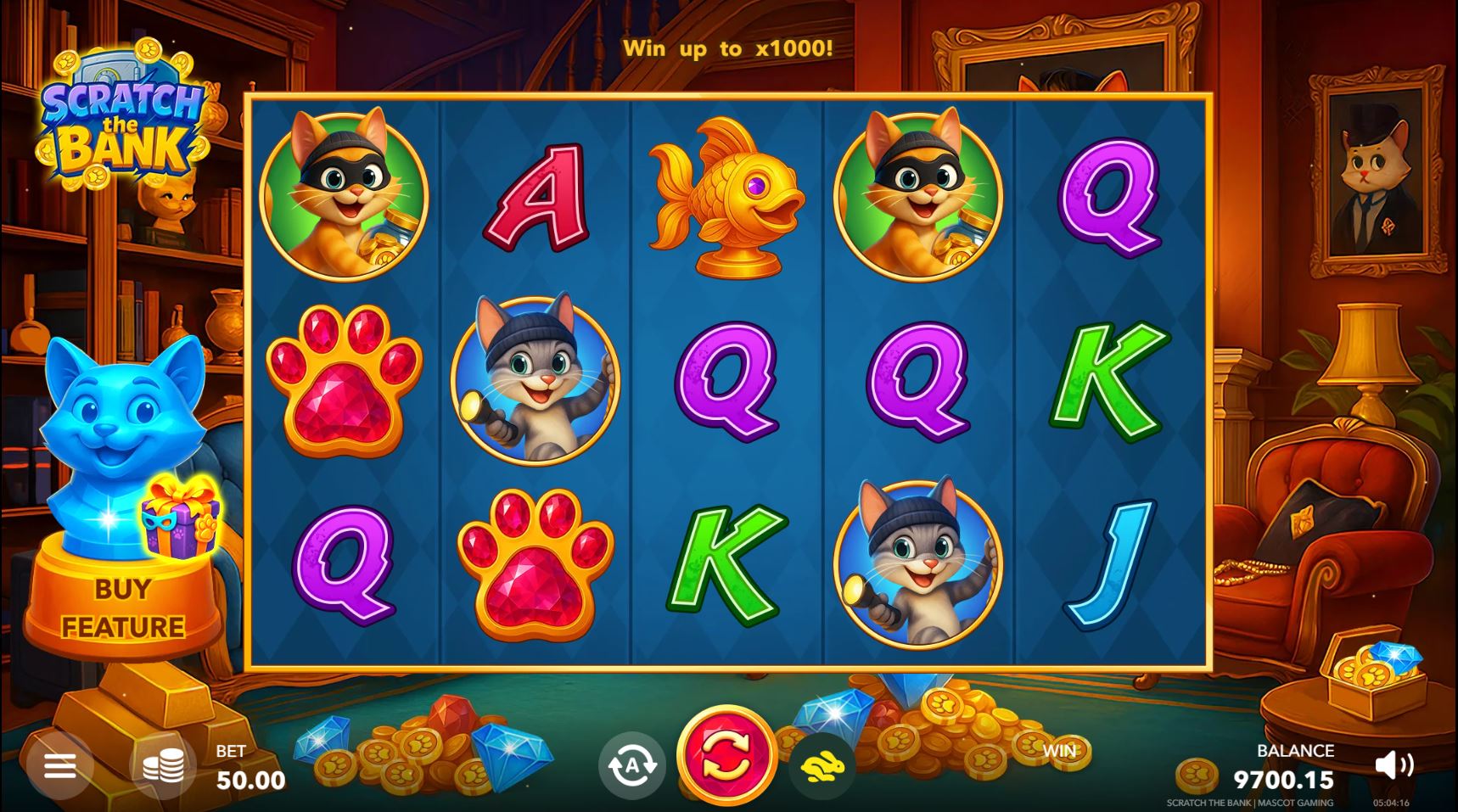 The 5x3 reel layout of the Scratch the Bank slot during base gameplay.