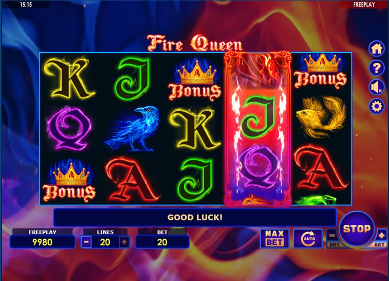 Fire Queen slot game reels with symbols and user interface.