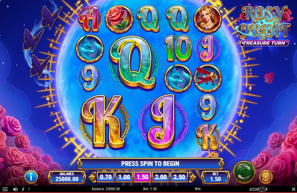 Rosy Orbit Treasure Turn base game with 5x5 grid and cosmic rose garden