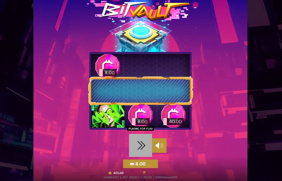 Bit Vault slot main screen with cyberpunk cityscape