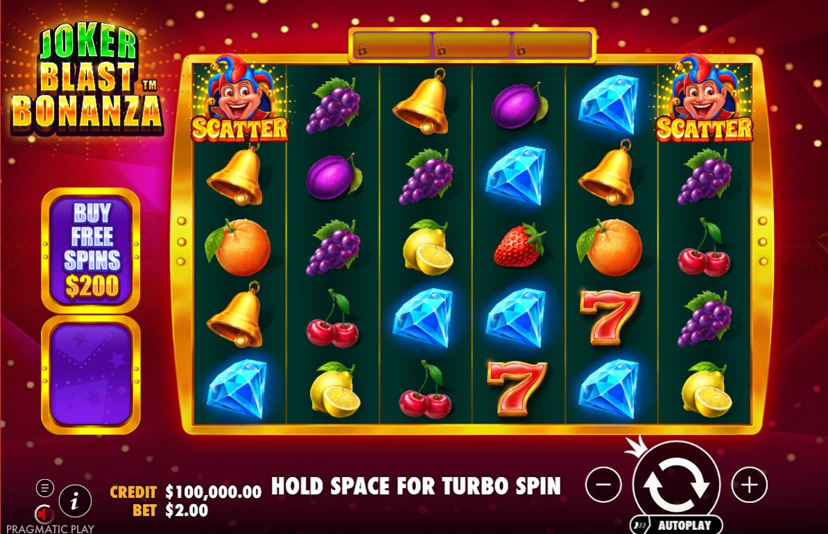 The 6x5 grid of the Joker Blast Bonanza slot in the base game, showing classic fruit symbols and the multiplier meter abo