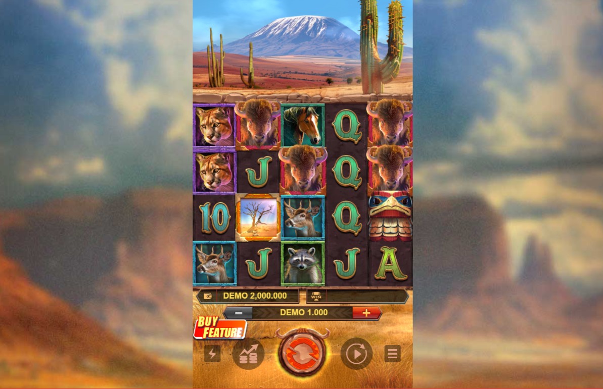 The base game grid of Buffalo Rush Highroller slot, showing the 5x4 layout and wildlife symbols against a desert backdrop.
