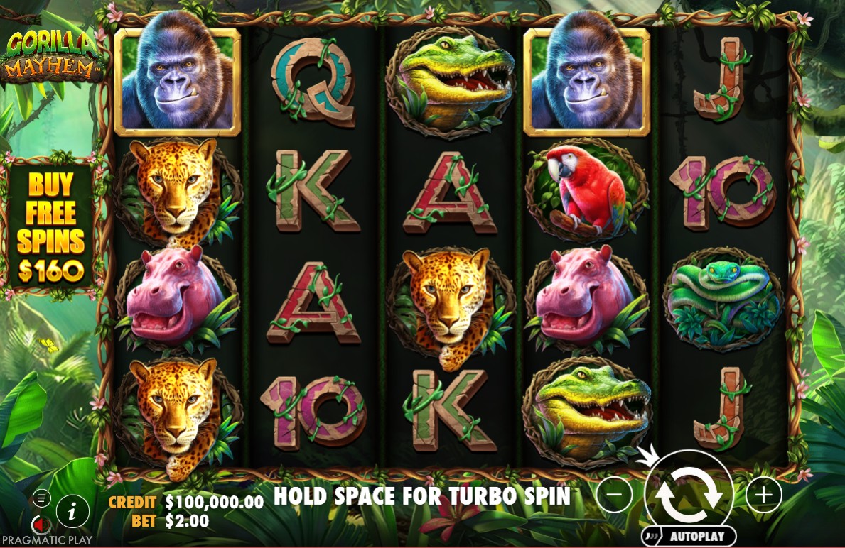 The 5x4 grid of the Gorilla Mayhem slot, showcasing the lush jungle theme and high-paying animal symbols in the base game.