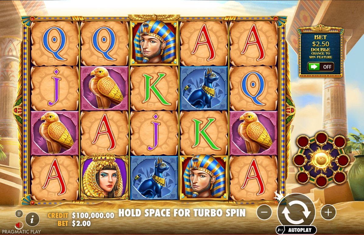The 5x4 reel layout of the Eye of Cleopatra slot, showcasing the detailed Egyptian symbols and the main game interface.