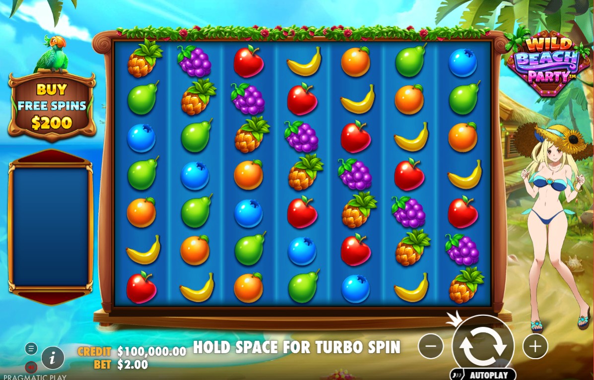 A view of the 7x7 grid in the Wild Beach Party slot demo, showing various fruit symbols and the anime character on the right.