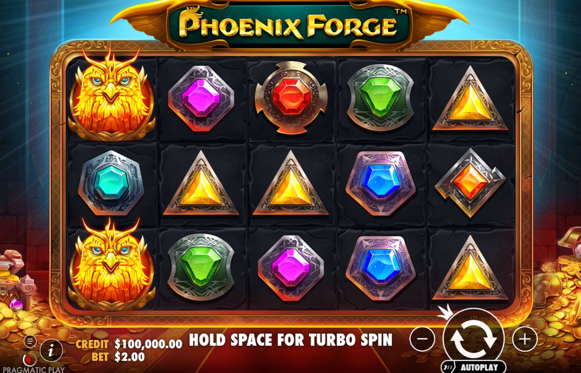 The 5x3 game grid of the Phoenix Forge slot, showcasing the detailed gem symbols and the forge-themed background.