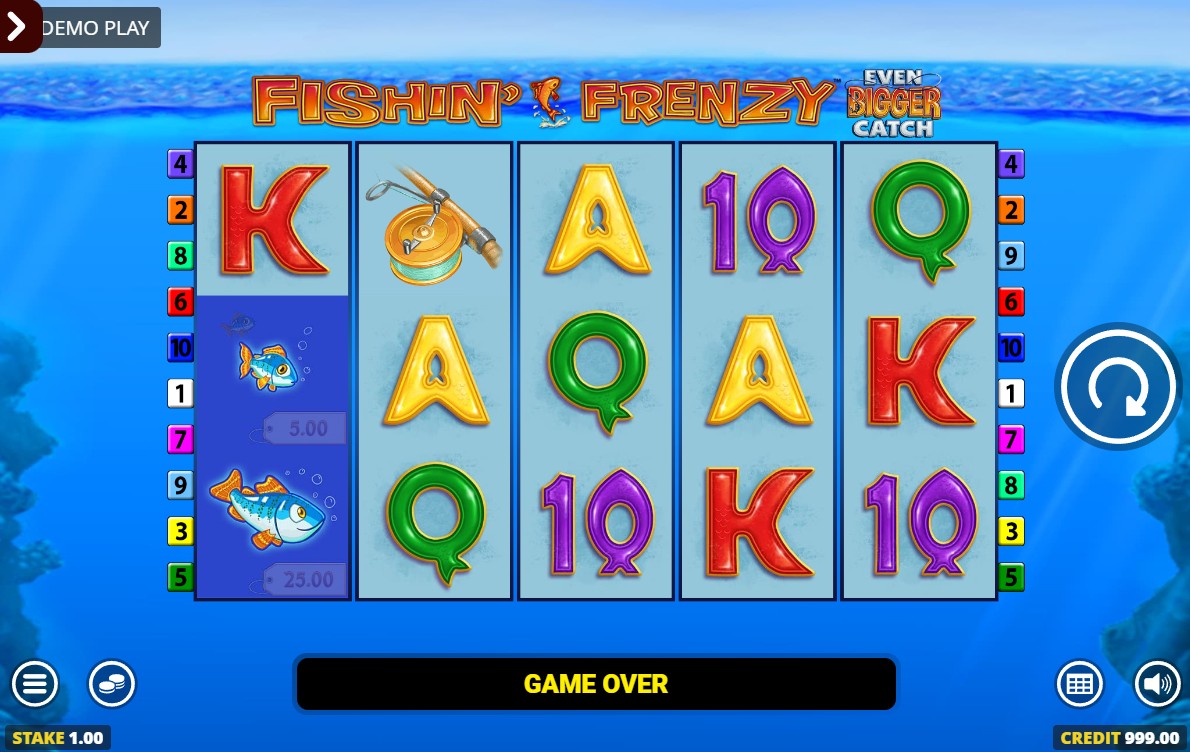 The main 5x3 reel layout of the Fishin' Frenzy Even Bigger Catch Jackpot King slot, showing the 10 paylines and underwater theme.