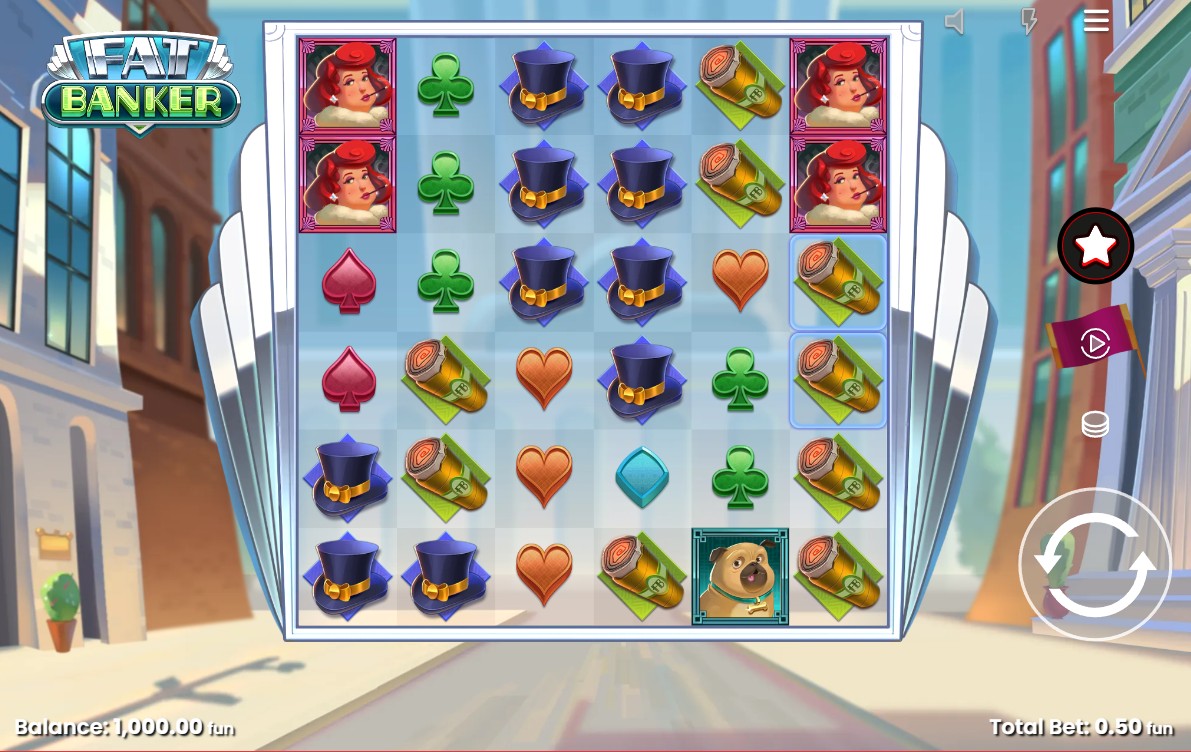 The 6x6 grid of the Fat Banker slot demo, showing the opulent Art Deco city street and various game symbols before a spin.