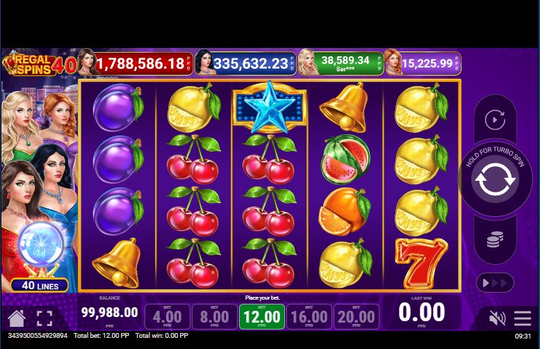 Regal Spins 40 four-tier progressive jackpot display