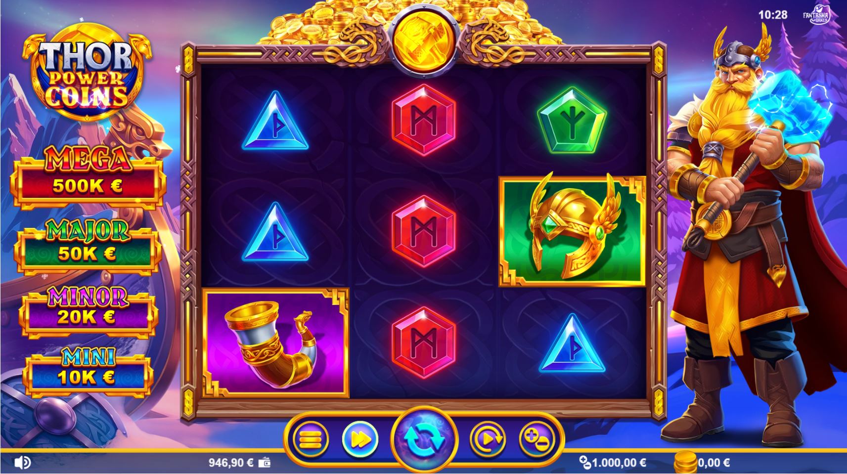 Thor Power Coins slot base game view with the 3x3 grid and jackpot values visible.