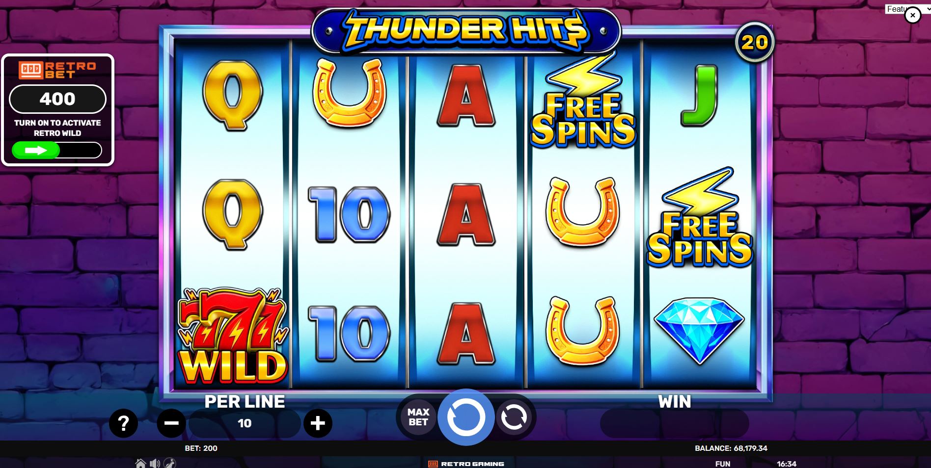 The base game grid of the Thunder Hits slot, showing the 5x3 layout and classic symbols.