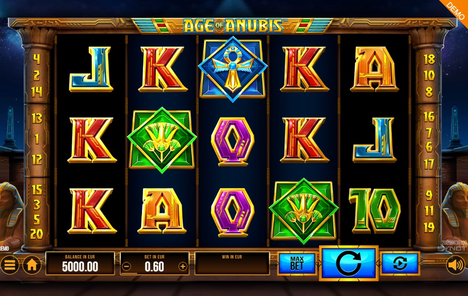 The 5x3 game grid of the Age of Anubis slot from Synot Games, featuring a classic Ancient Egypt theme with ankh and scarab symbols, and 20 marked paylines.
