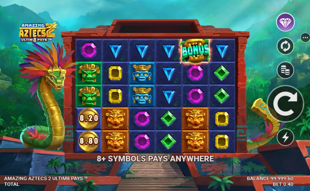 The 6x5 grid of the Amazing Aztecs 2 Ultim8 Pays slot, featuring a Bonus symbol, Aztec-themed masks, and a 'pays anywhere' game mechanic.