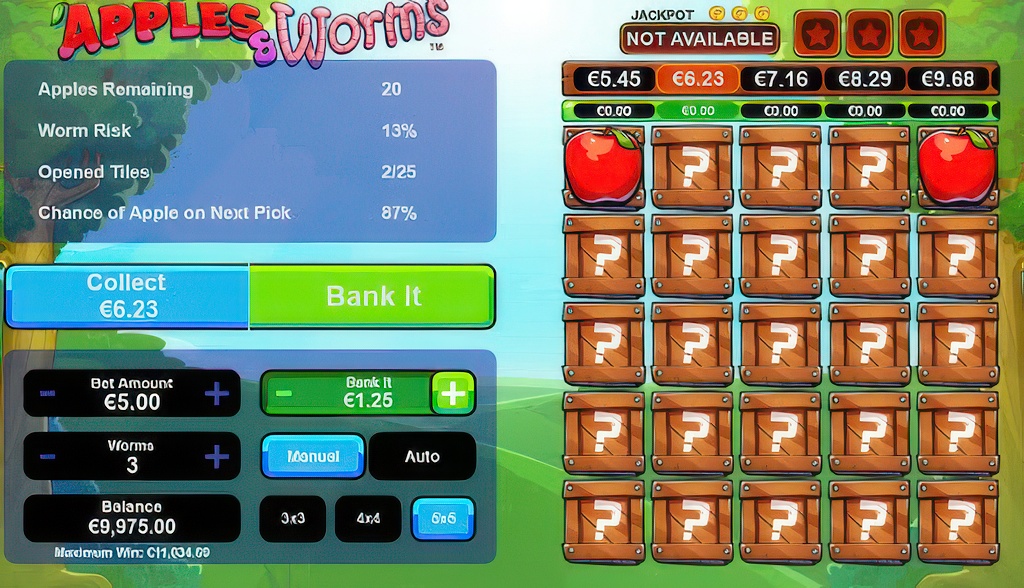 The game screen of Apples & Worms, a minesweeper-style arcade casino game where players pick from a 5x5 grid of crates.