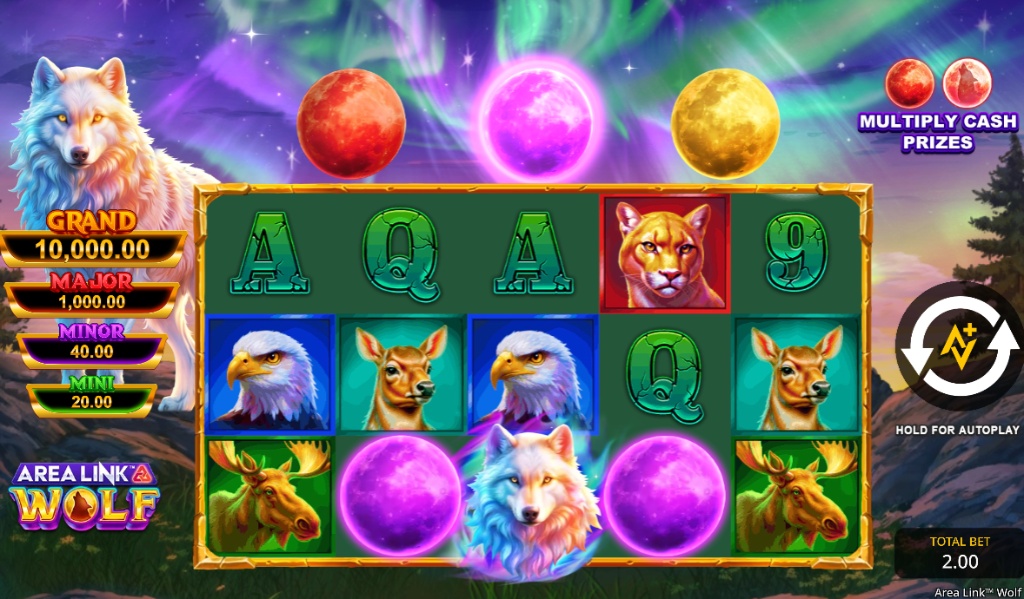 The 5x3 game grid of the Area Link Wolf slot, featuring its wildlife animal symbols, the four fixed jackpot prizes, and the special moon symbols for the Area Link feature.