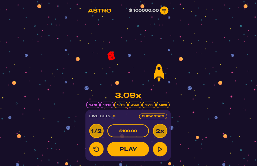The main gameplay screen of the Astro crash game, featuring a yellow rocket flying upwards as the win multiplier climbs to 3.09x.