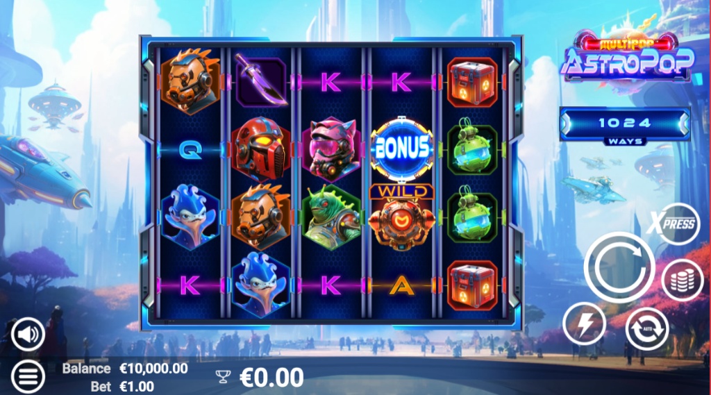 The main game screen of the AstroPop slot, featuring its 5x4 grid (1024 ways) with futuristic alien symbols set against a sci-fi city.