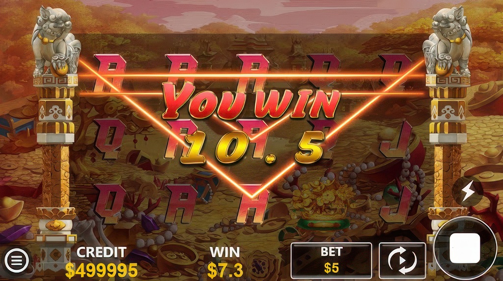 A big win celebration screen on the Auspicious Fortune God 3 slot, an Asian-themed game framed by guardian lion statues.