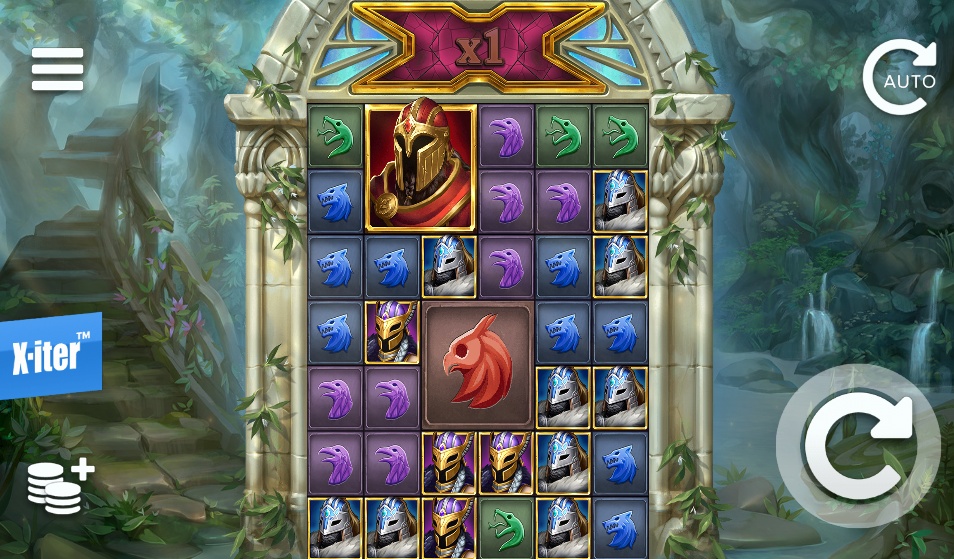 The 6x6 cluster pays grid of the Avalon X slot game, set against a fantasy temple backdrop and featuring the X-iter mode button on the left.