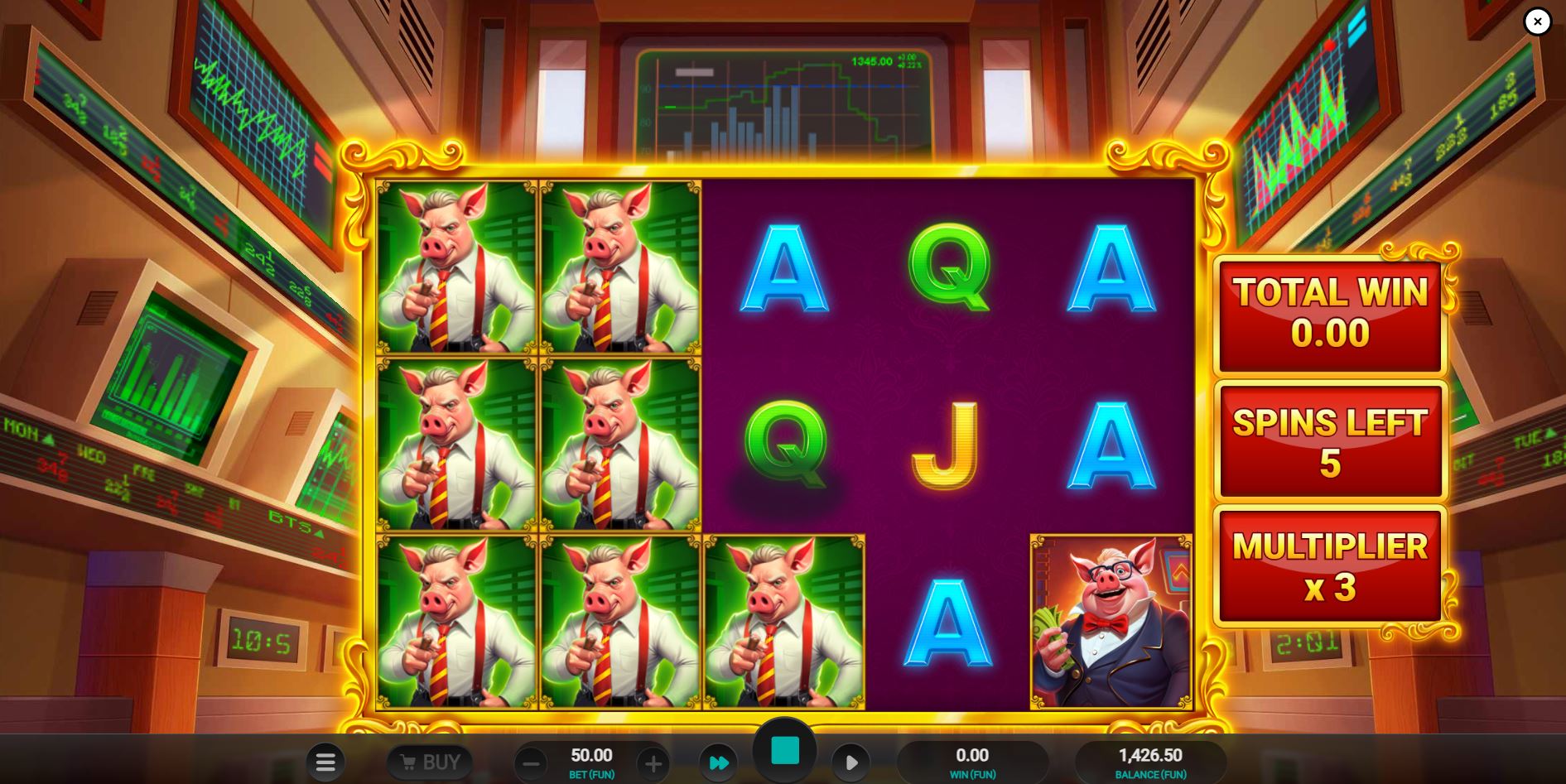 Bacon Bankroll gameplay during Free Spins showing stacked split symbols and the 3x multiplier.