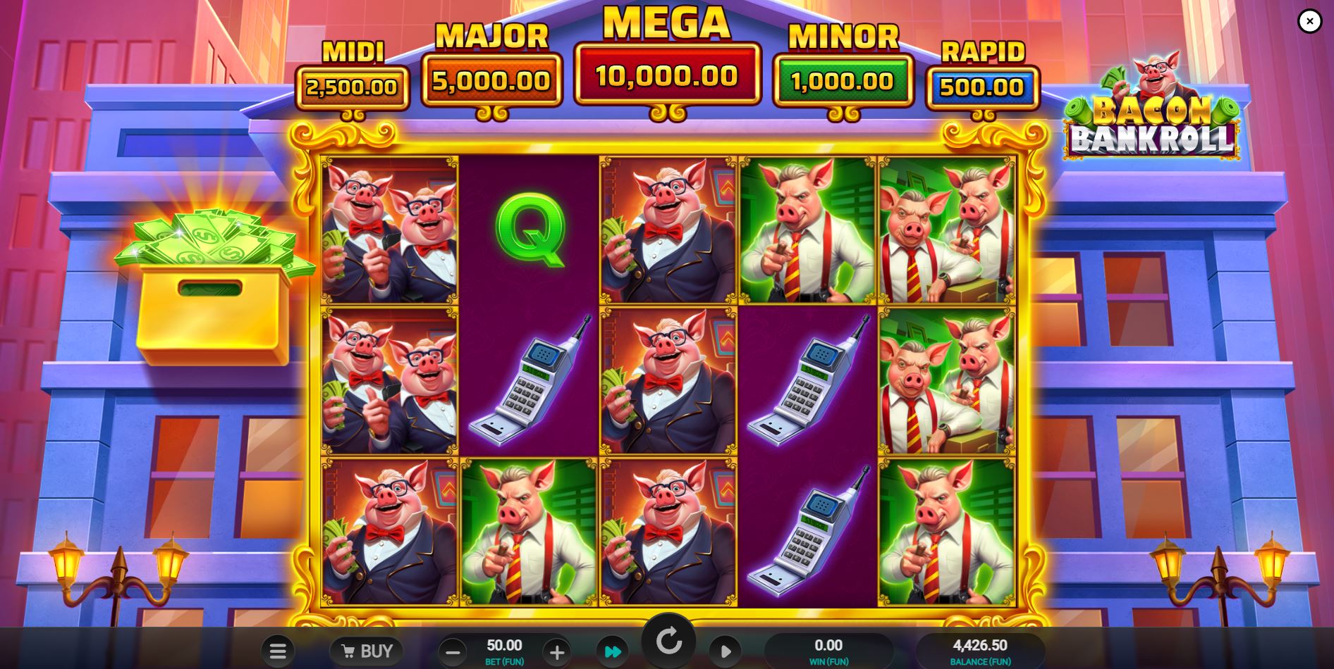 Bacon Bankroll slot machine base game screen with pig symbols and retro tech.