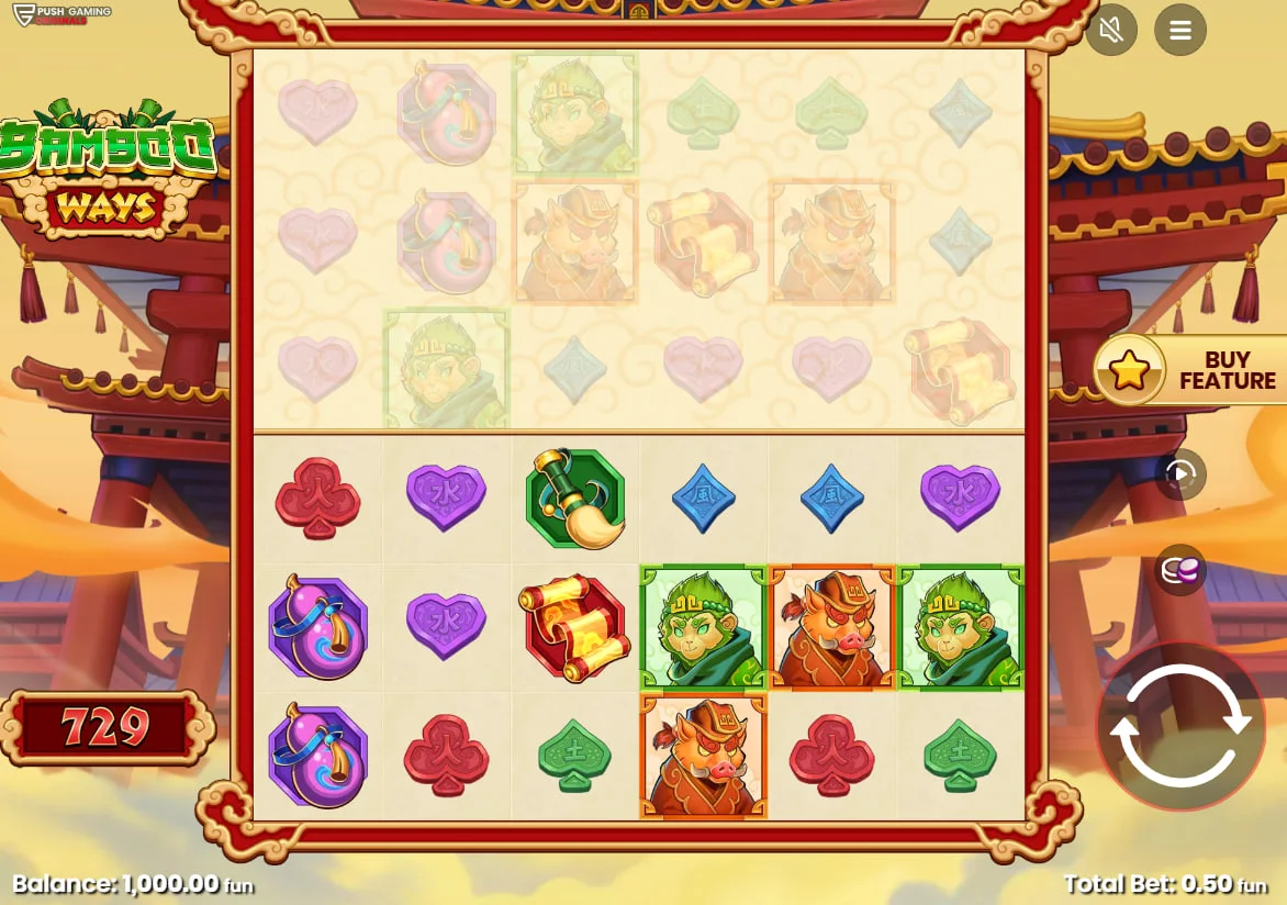 Bamboo Ways slot main 3x6 grid featuring the high-paying Panda symbol and 729 ways to win.