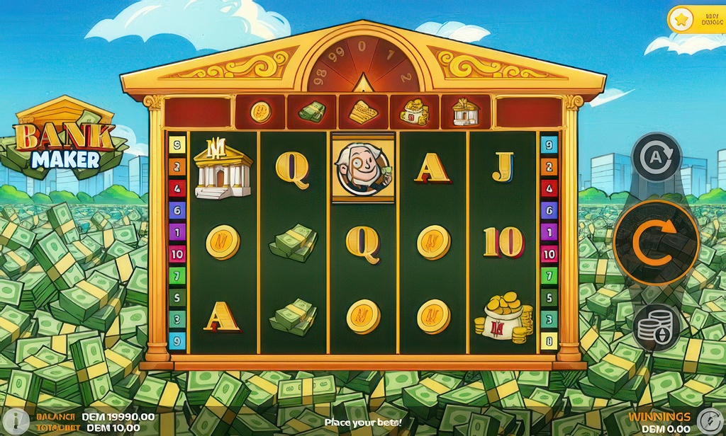 The main 5x3 game grid for the Bank Maker slot, featuring cartoon-style money-themed symbols and a Buy Bonus option.