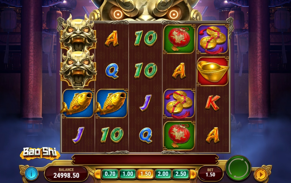 The game screen of the Bao Shi slot, showcasing its unique 4-5-5-5-4 reel structure and detailed Asian mythology theme.