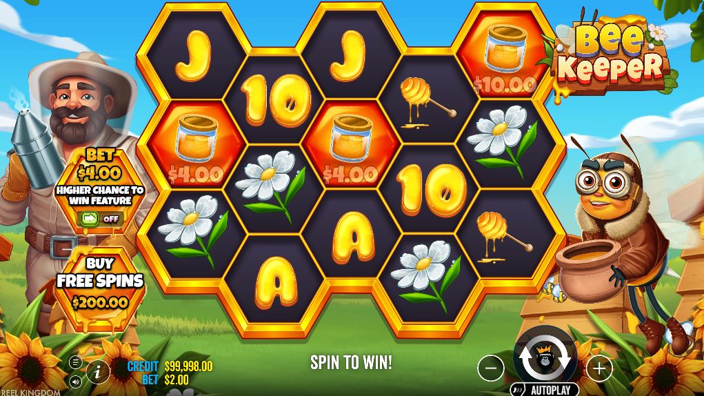 Bee Keeper slot base game screen with honeycomb reels and character symbols.