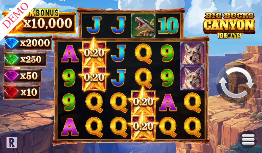 A screenshot of the Big Bucks Canyon 10K Ways slot, showcasing its 6-reel grid with the 10K Ways mechanic, a prize ladder, and special star money symbols.