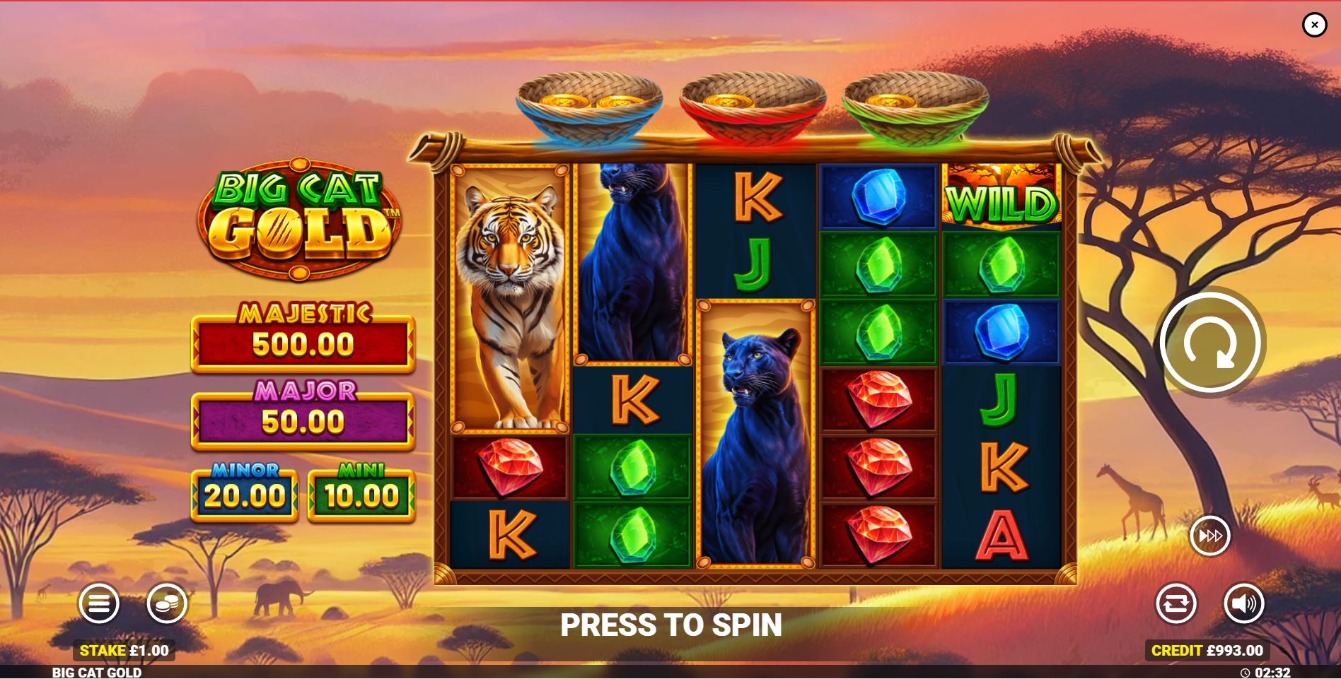 The main 5x6 game grid of the Big Cat Gold slot, showing animal and gem symbols.