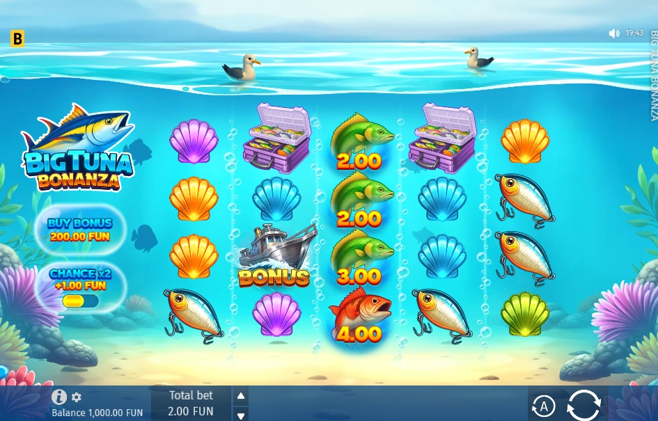 The 5x3 game screen of the Big Tuna Bonanza slot, showcasing its underwater fishing theme with fish cash symbols, a boat bonus symbol, and the Buy Bonus feature.