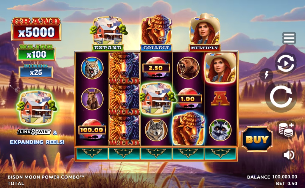 The 5x3 game grid of the Bison Moon Power Combo slot, featuring its stacked wild symbols and special bonus modifiers.