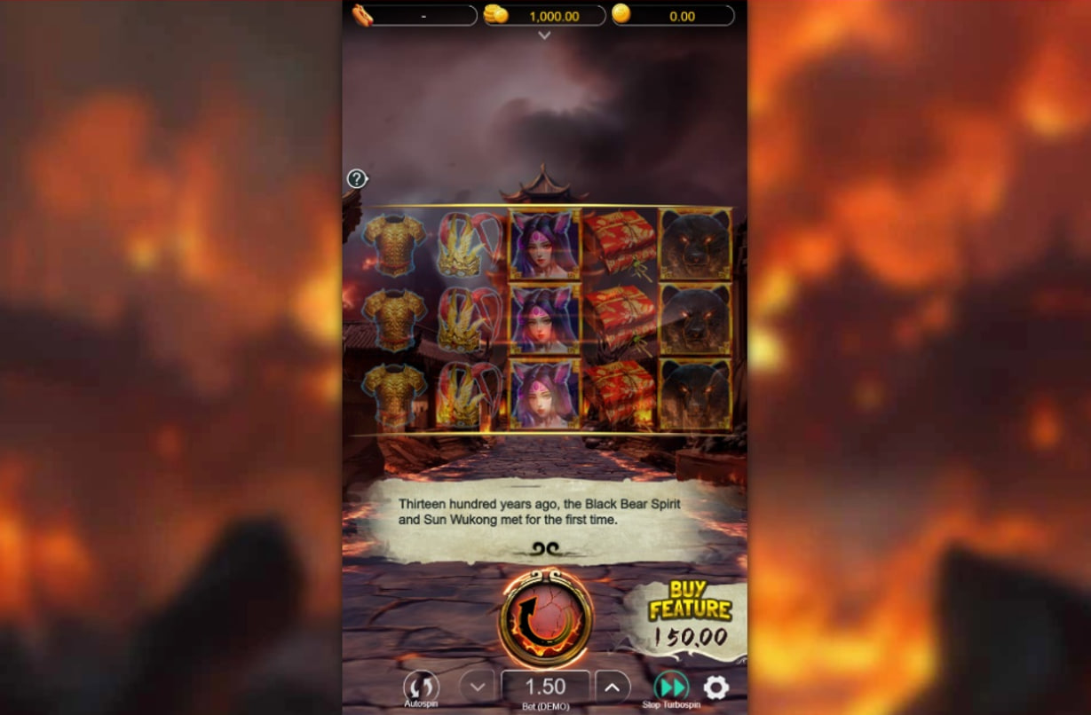 A mobile screenshot of the Black Myth: Wukong 2 slot, featuring its 5x4 grid with stacked, Chinese mythology-themed symbols and a "Buy Feature" option.