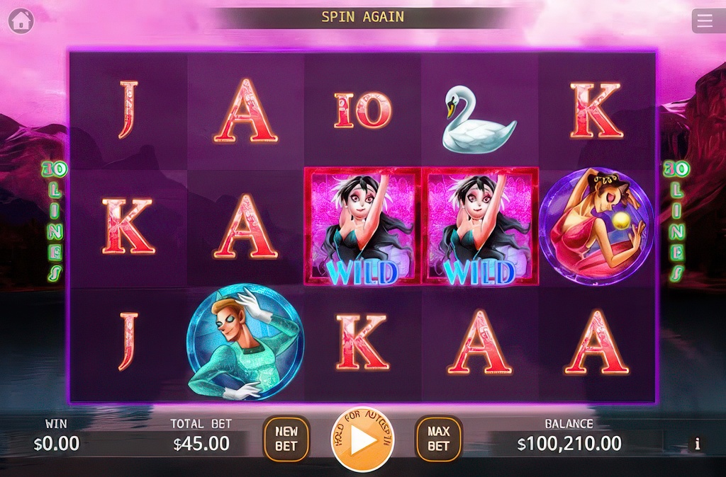 The 5x3 game grid of the Black Swan Lock 2 Spin slot, featuring ballet-themed symbols and two adjacent wild symbols on the reels.