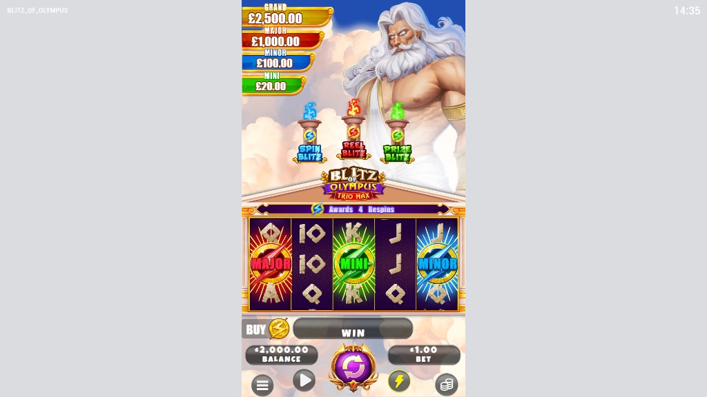 A mobile screenshot capturing the bonus feature of the Blitz of Olympus slot, where special jackpot symbols have landed on the 5x3 reels during a respin round.