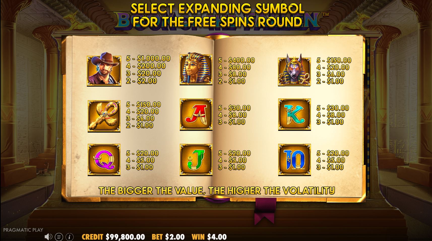 The symbol selection screen in Book of the Fallen, where the player must choose a special expanding symbol before the free spins begin.
