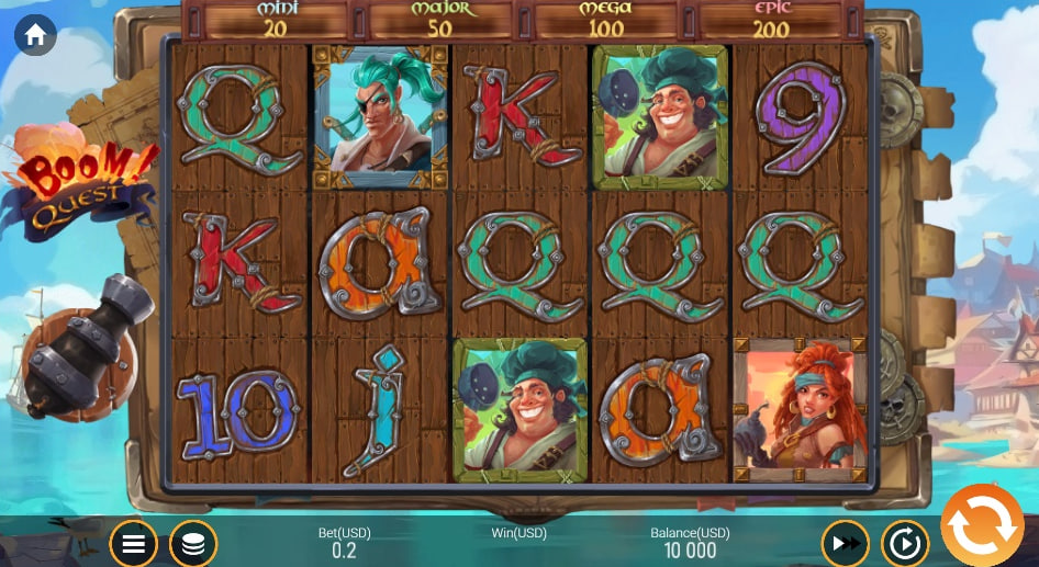 A screenshot of the Boom! Quest slot, featuring its 5x3 grid with pirate-themed character symbols and four fixed jackpots displayed at the top.